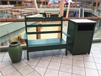Green Bench with Green Trash Can and Flower Pot
