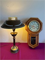 Oak Regulator Wall Clock & Tole Painted Lamp