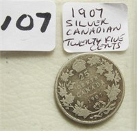 1907 Canadian Silver Twenty Five Cents Coin
