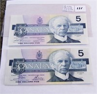 2 Canadian 1986 Five Dollar Paper Money