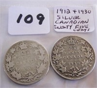 1912 & 1930 Canadian Silver Twenty Five Cents