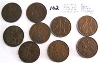 9 Great Britain One Penny Coins