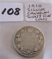 1910 Canadian Silver Twenty Five Cents Coin