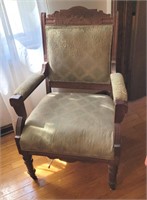 Beautiful Carved Wood Antique Chair Upholstered