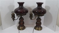 2 V Wood Base/Metal Table Lamps, Ruby Glass Shade