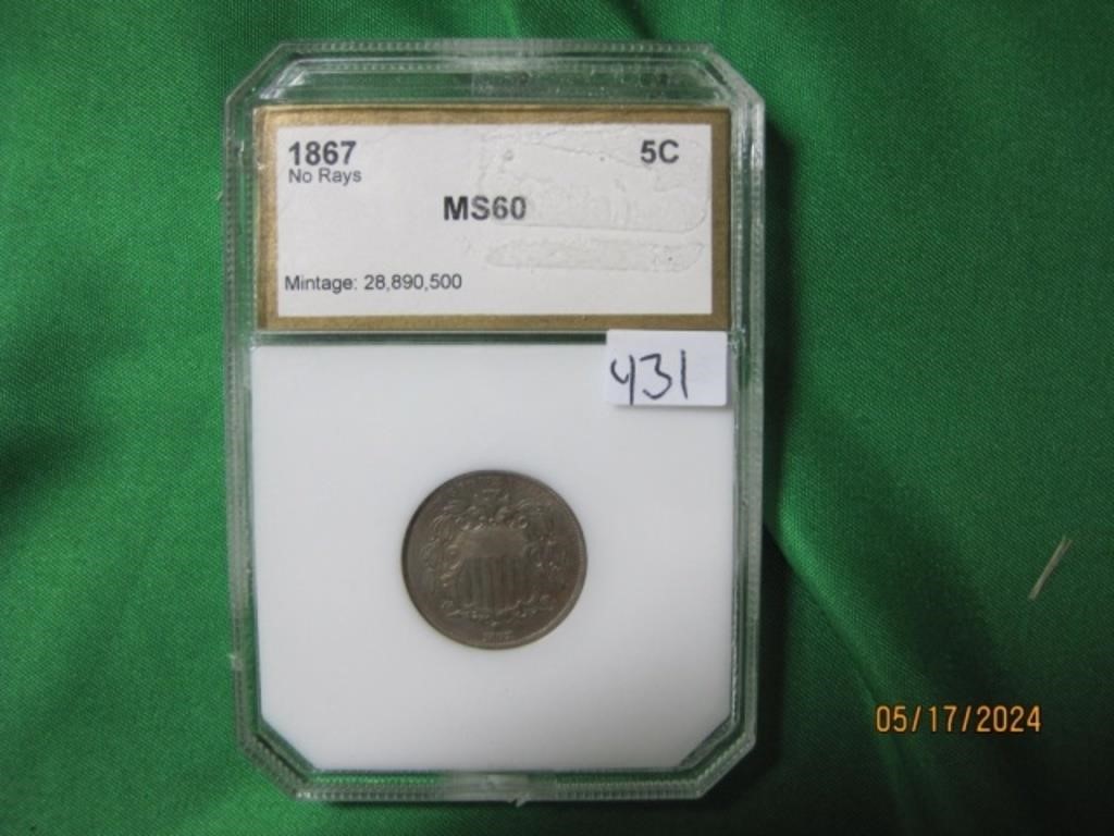 MS60 1867 5 Cent Coin