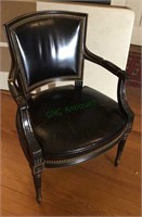 Antique black leather & brass tack arm chair,