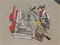 wrench assortment, metal drill bits, pipe