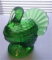 Rare L.E Smith Green Glass Turkey Lidded Bowl