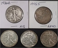 (5) MIXED DATE WALKING LIBERTY HALF DOLLARS