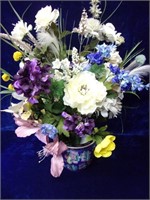 Silk Flower Arrangement in Asian Fish Bowl Vase