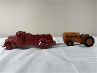 Vintage tin tractor and die cast truck toy