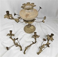 Old Ornate Metal & Glass Candle Holder Centerpiece