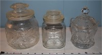 (3) Vtg clear glass lidded jars w/ Coin Glass