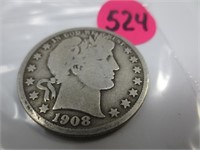 1908 Barber silver half dollar, very good