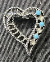 Blue Clear Rhinestone Heart Vintage Brooch 9.25