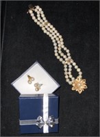14K YG Pearl Bracelet w/ Sapphires & Earrings