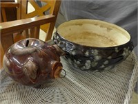 Pottery brown ware planter & brown ware piggy