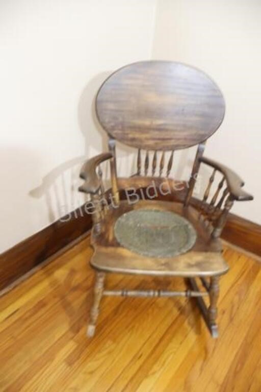 Antique Carved Rocking Chair w Leather Seat