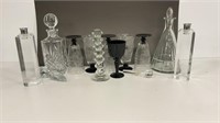 Crystal decanters, etched water glasses with