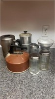 Vintage metal teapots, tea kettle, sugar shakers