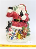 Handpainted Santa w/trees & toys cookie jar by