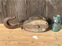 Large Wood Barn Pulley w/ cast iron hook