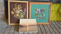 2 NEEDLEPOINT FLORAL PICTURES AND A SUNSET