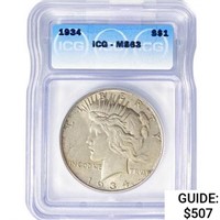 1934 Silver Peace Dollar ICG MS63