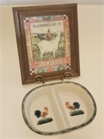 CERAMIC ROOSTER DIVIDER DISH ANF FRAMED 5 CENT