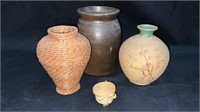 Vintage crock, pottery, and woven vase