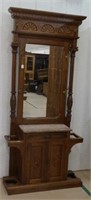 Antique Walnut Hall Tree with Marble Insert