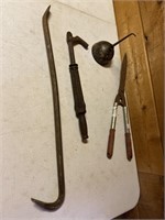 Antique nail puller, Crow bar, oil can