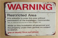 Military Restricted Area Tin Sign 8" X 12