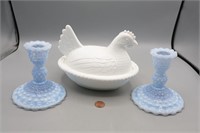 Pr. Fenton Blue Marble Candleholders, Nesting Hen