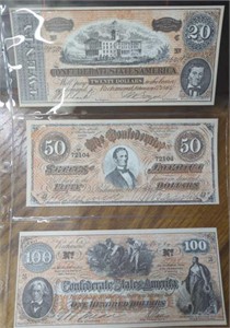 Lot of 3 Confederate banknotes $20 $50 $100 copy