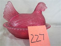 Cranberry Glass Hen on Nest (7"W x 5"H)