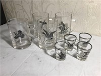 Lot of 4 Game Bird / Fowl Glasses & 4 Shot Glasses