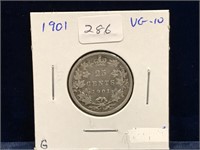 1901 Canadian Silver 25 Cent Piece  VG10