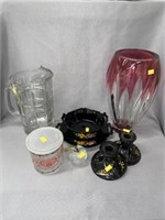 Art Glass Vase, Water Pitcher, Candlesticks