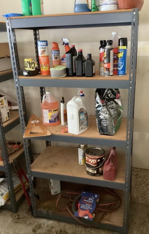 Sturdy metal 6' shelving in garage plus contents