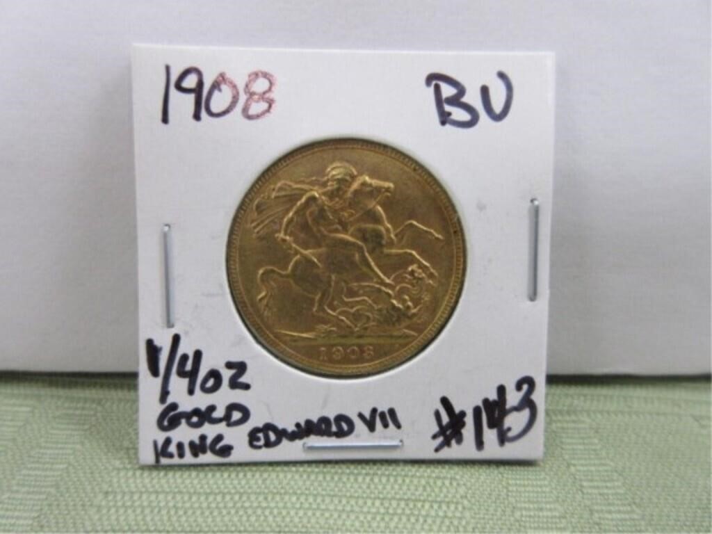 1908 Gold 1/4 Oz.  King Edward VII Coin – BU
