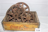 4 WOODEN WAGON WHEELS & EARLY COCA COLA CRATE