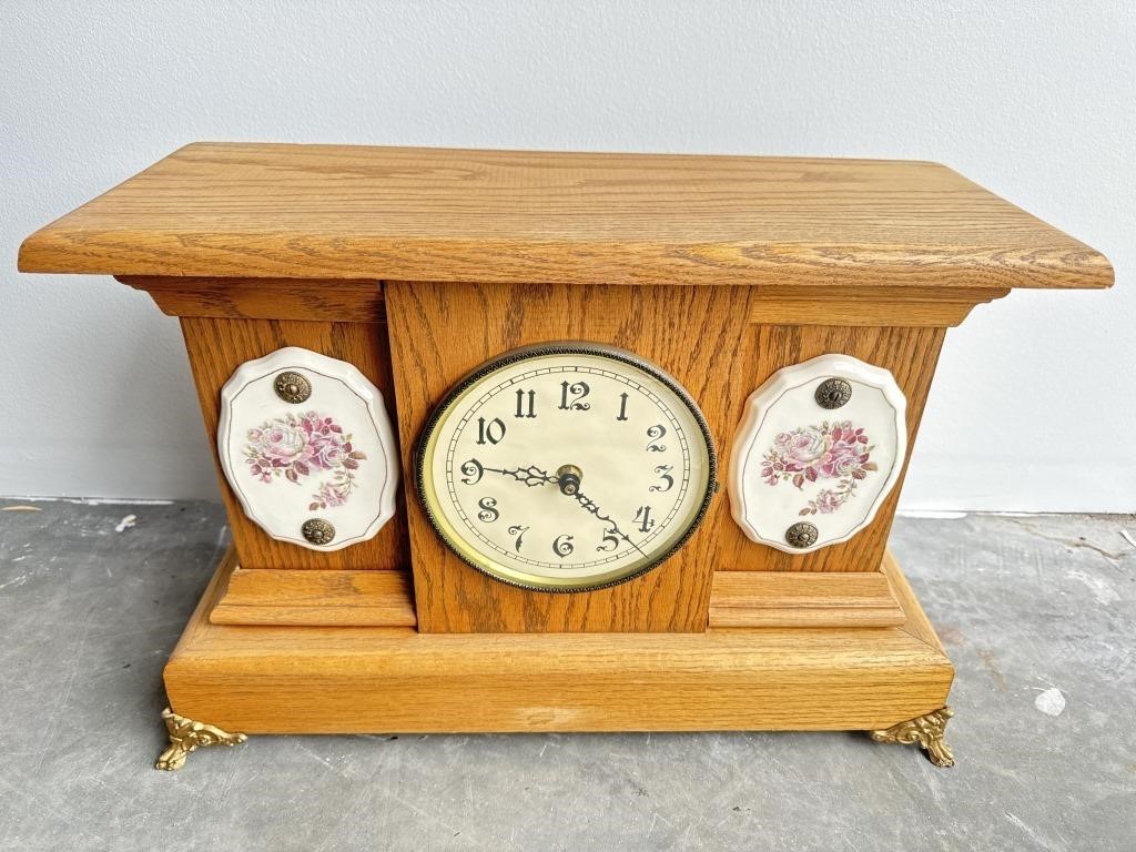 Large solid oak mantle clock 20” x 7.5” x 14”