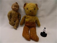 Vintage Teddy Bear & Squeak Toy Baby Doll;