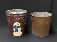 2 Sap Buckets - One Painted with Snowman