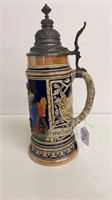1L German Relief stein, musical with pewter lid,