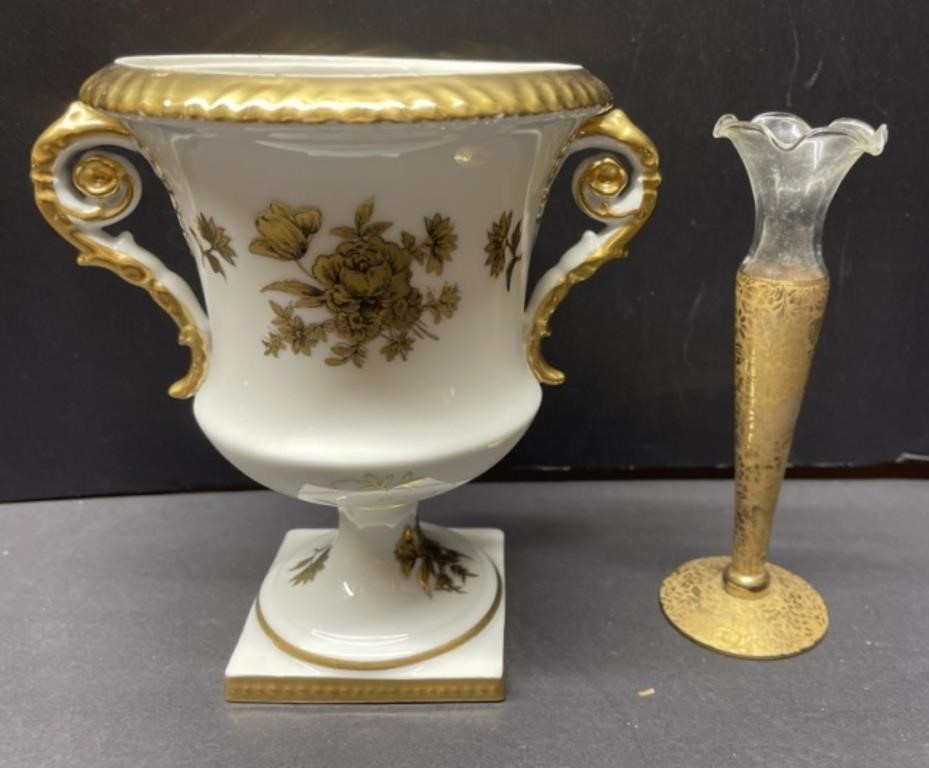 Gold Trimmed Trophy Vase and Bud Vase