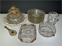 VTG Cut Glass Butter Dish w/ Dome Lid, Saucers,