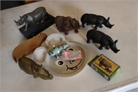 rhino figurines incl:brass one & items